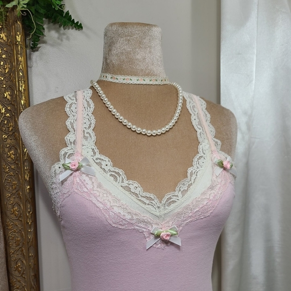 ♡ Y2K ♡ Hollister Baby Pink Lace Cami Satin Rose Bows Tank Top - Picture 9 of 10